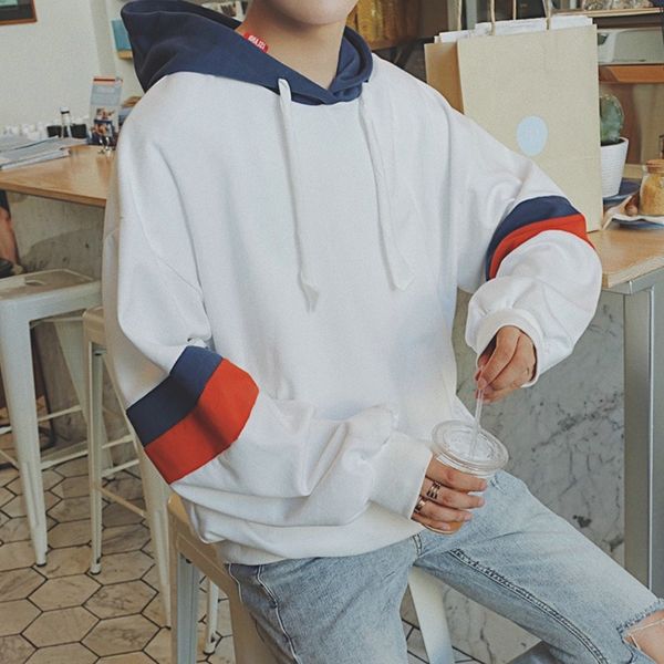 

e7x1u autumn new stitching hooded men's korean style trendy loose contrast color striped long sleeve coat sweatersweater sweater coat m, Black