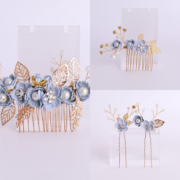 

children's blue flower handmade hair comb long hair braided decorative headdress set girls' handmade performance comb, Slivery;white