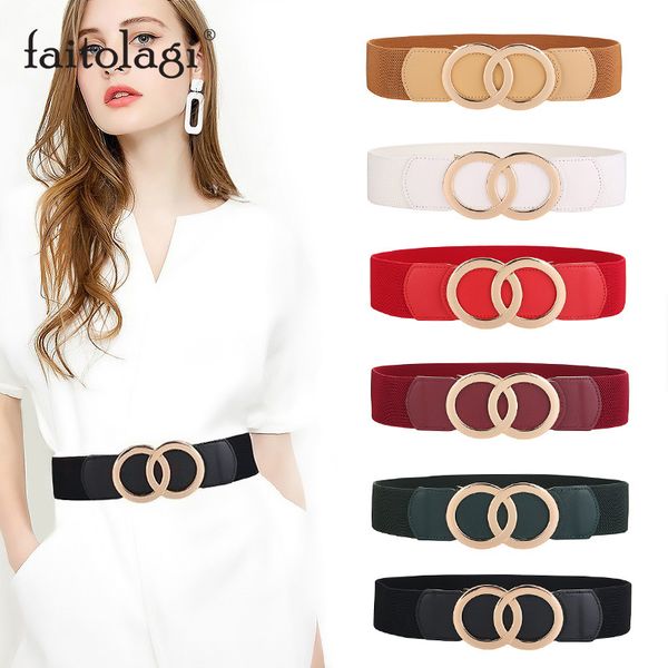 

luxury leather gold waist belt for women double rings buckle ladies belt for dress coat elastic stretch wide female waistband, Black;brown