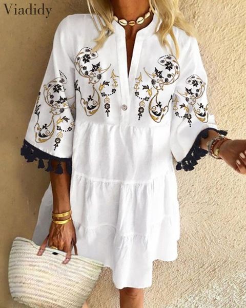 

ретро печать кисточкой дизайн рукав три четверти сыпучие вскользь женщин платья осень-весна белое платье, Black;gray