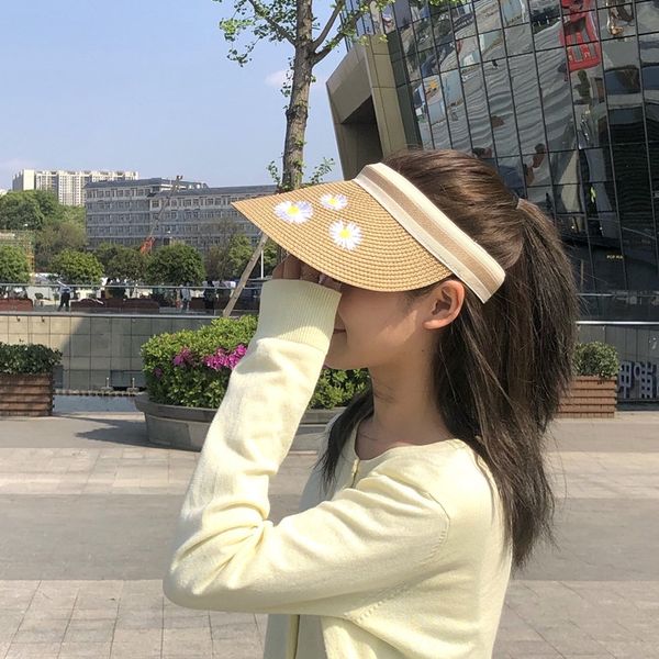 

summer sun women's armour-proof empty embroidered daisies hairpin hoop cap casual all-match straw hat straw hat, Blue;gray