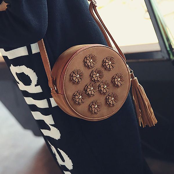 

women small flower tassel shoulder bag 2020 new trend single shoulder diagonal small round bag female versatile crossody pu bag new