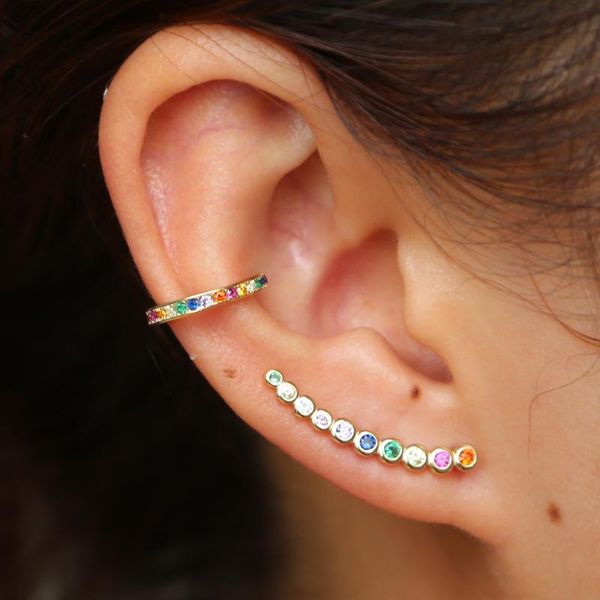 

colorful cz climber earring curved long bar studs classic simple multi piercing look 925 sterling silver fashion ear jewelry, Golden;silver