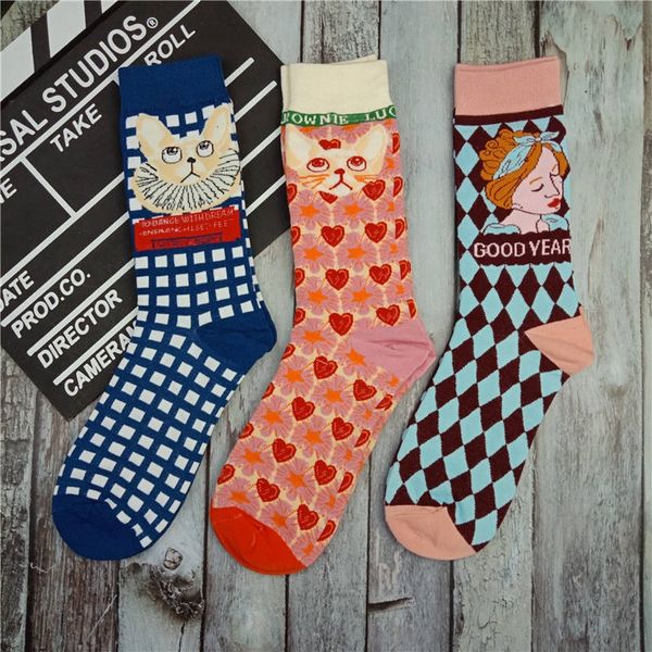 

women's illustration plaid lolita fashionable medium and cute cartoon cotton women's socks middle tube socks, Pink;yellow