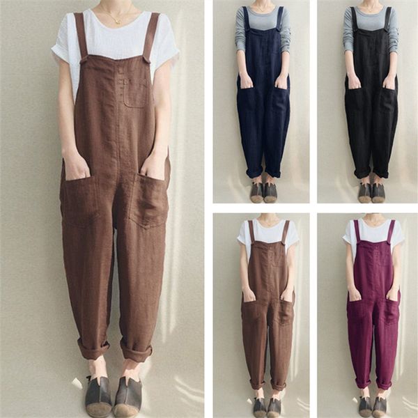 

plus size women overalls spring autumn flax jumpsuit casual loose suspender trousers pants pocket button rompers girls jumpsuits overalls dh, Blue