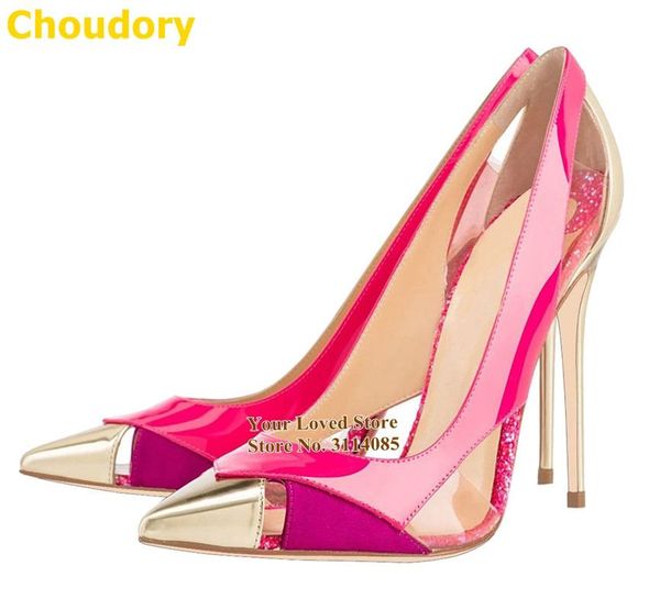 

ladies brand clear pvc color patchwork wedding shoes 12cm stiletto heels sequined pointed toe dress pumps cut-out shoes size45, Black