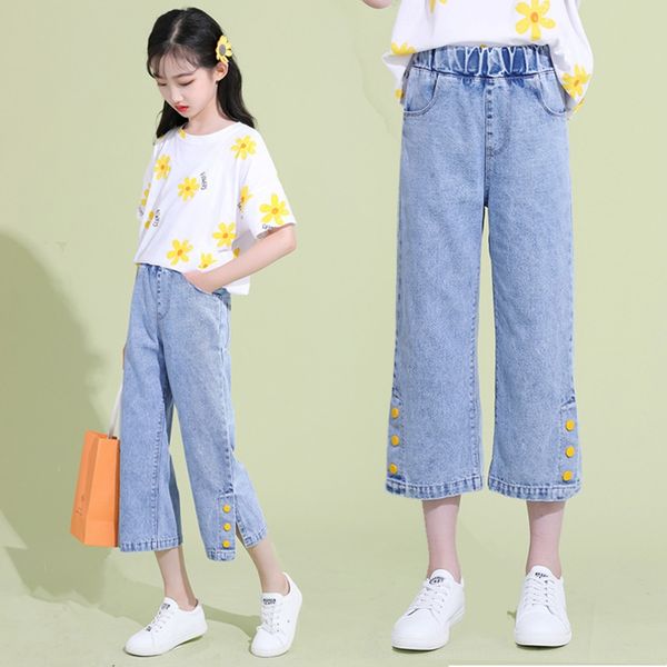 

zufvb girls' 2020 new summer thin capri medium and large children's clothing girls' western style denim wide children's, Blue