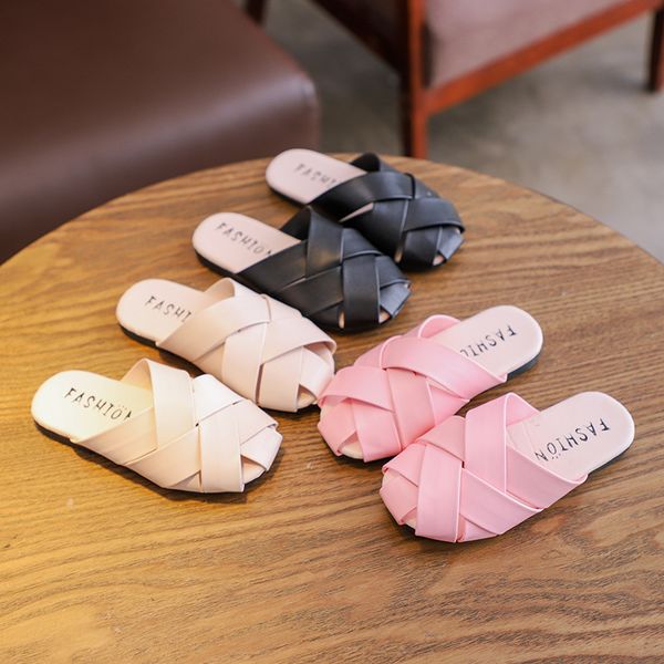

slipper summer children' slippers flat bottom non-slip fashion woven children girls sandals, Black;grey