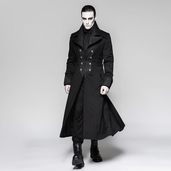 

men's trench coats punk rave gentleman steam arctic wolf collar long coat striped retro jacquard hollow-out winter jacket, Tan;black
