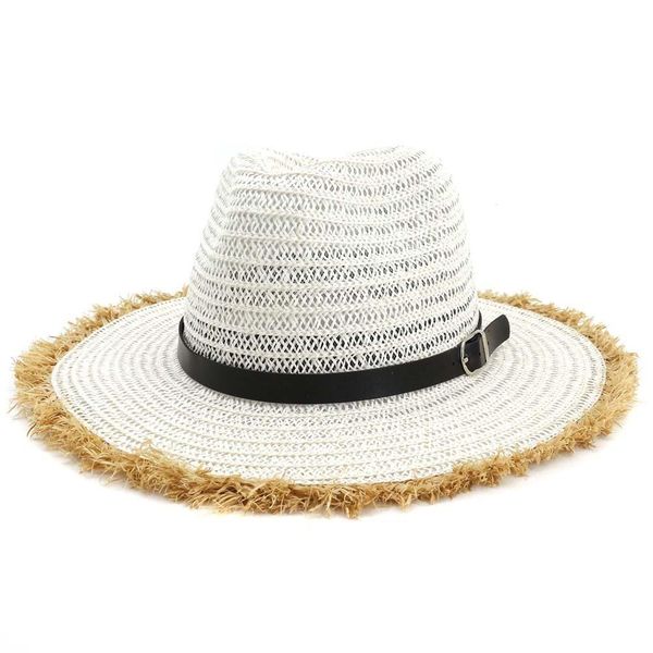 

fashion men women travel jazz caps wide furry brim summer beach cowboy sun fedora panama paper straw hat with belt buckle, Blue;gray