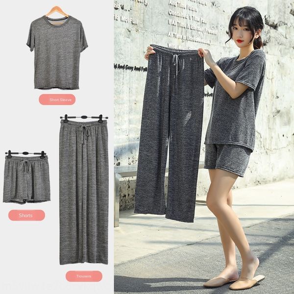 

fairy house suit home clothes wide leg pants short sleeved lazy shorts and shorts loose lazy three-piece suit cool pants female, Blue;red