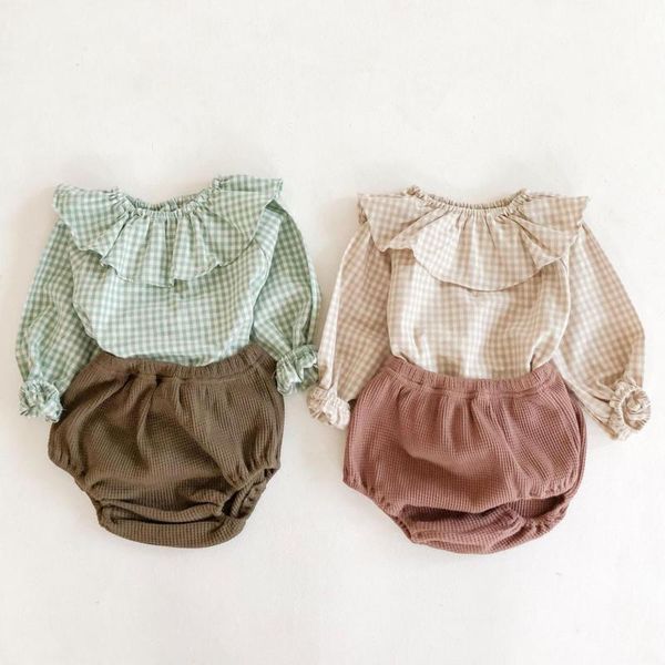 

baby autumn girls set long sleeve lapel plaid cotton solid shorts outfit 2pcs newborn infant baby girl clothes set, White