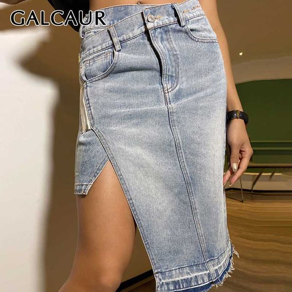 

galcaur asymmetric denim skirts women high waist irregular casual large size midi skirt for female 2020 fashion clothes tide, Black