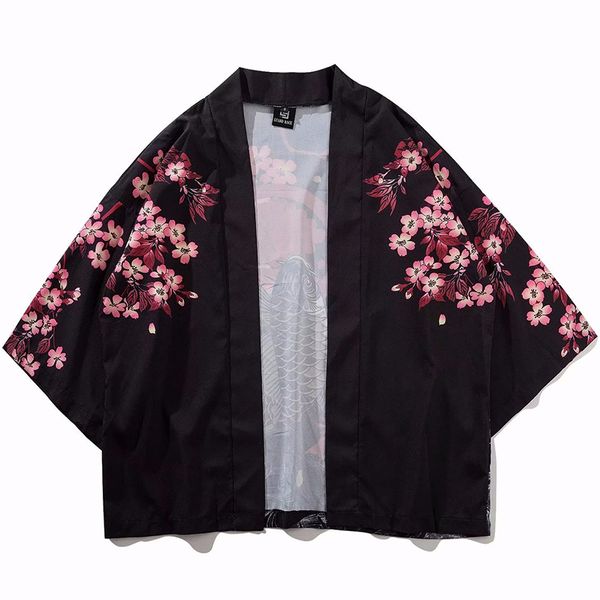 

men's jackets koi fish printed kimono jacket chinese style mens harajuku streetwear coat summer thin clothes loose men clothing, Black;brown