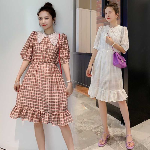 

5860# maternity clothes summer cotton short sleeve loose stylish striped dress for pregnant women pregnancy clothes, White