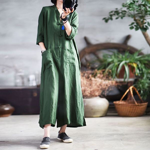 

women's jumpsuits & rompers johnature women vintage pockets belt 2021 spring cotton linen cloths loose fall retro casual, Black;white