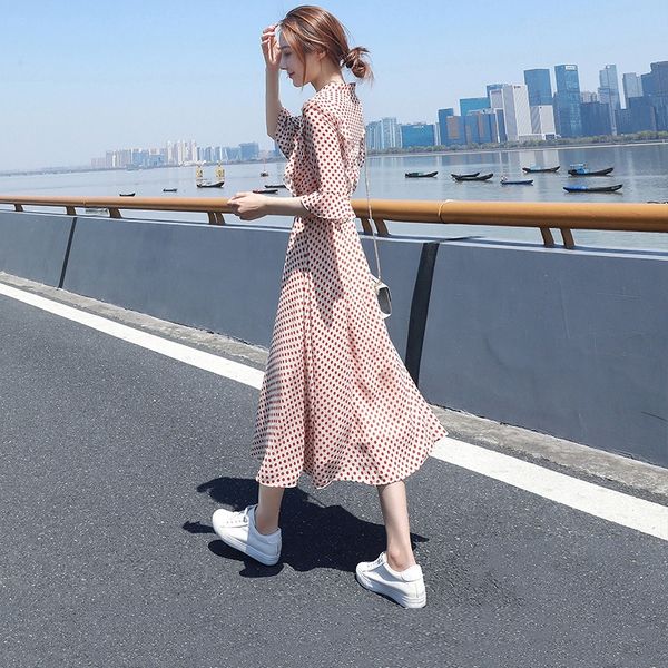 

red polka dot chiffon dress 2020 new summer length over-the-knee hipster popular blue dress women's, Black;gray