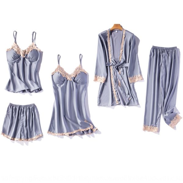 

l8sw6 ice silk pajamas women's home clothes five-piece set exquisite embroidery belt chest pad home clothes set simulation silk pajamas, Blue;red