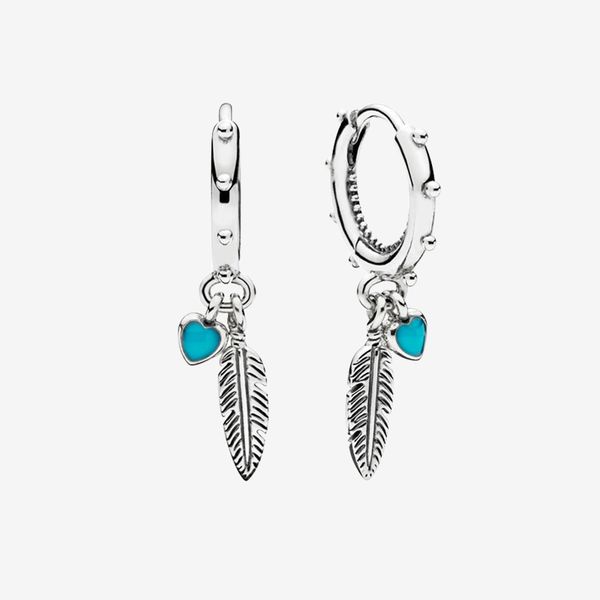 

blue hearts feather hoop earrings women girls gift jewelry for pandora 925 sterling silver pendant earring with original box, Golden;silver