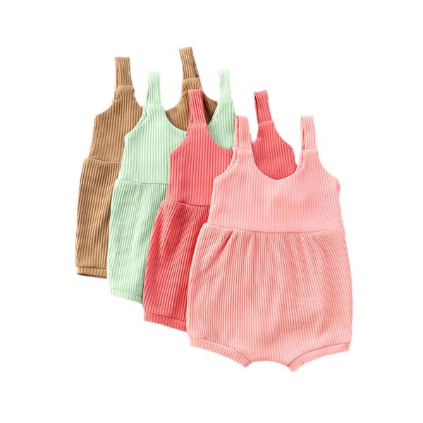 

2020 baby summer clothing baby romper sleeveless sling solid color loose button decor one-piece striped knitted ribbed jumpsuit, Blue