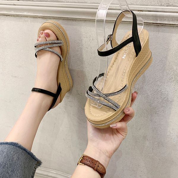 

all-match wedge 2020 summer clear heels female sandal beige heeled sandals espadrilles platform sale of women's shoes on, Black