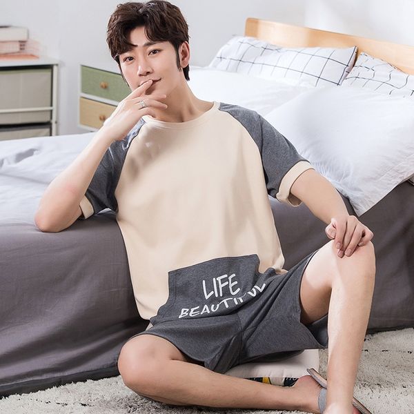 

men's short-sleeved pajamas cotton cotton outdoor wear shorts and shorts pajamas shortskorean style leisure student home wear suit, Black;brown
