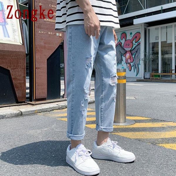 

zongke ripped men's jeans 2020 straight white jeans men pants ankle-length denim pants men's clothing vintage clothes 28-34, Blue