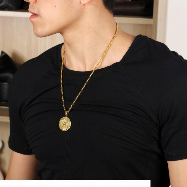 

pendant necklaces vintage mens gold link chain titanium steel round coin scripture necklaces jewelry gift, Silver