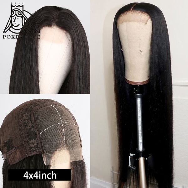 

Poker Face 4x4 Lace Closure Wig Straight 28 30 inche Lace Wig 150 Density Brazilian Lace Front Human Hair Wigs Remy, Black