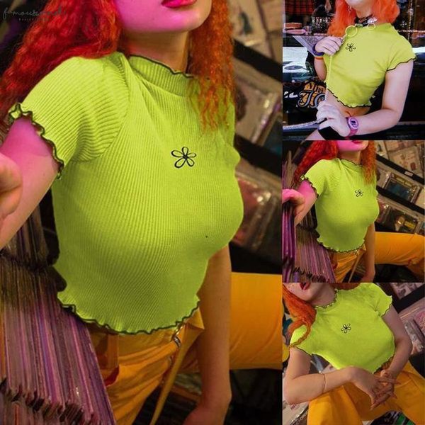 

summer fashion womens green short shirt mesh sheer crop flower print short sleeve koszulki damskie 2020 ed, White