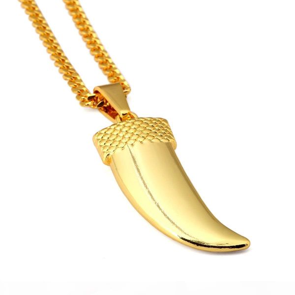 

e men 's hip hop fashion necklace iced out 18k gold plated wolf tooth pendant necklace 75cm cuban chain necklace, Silver