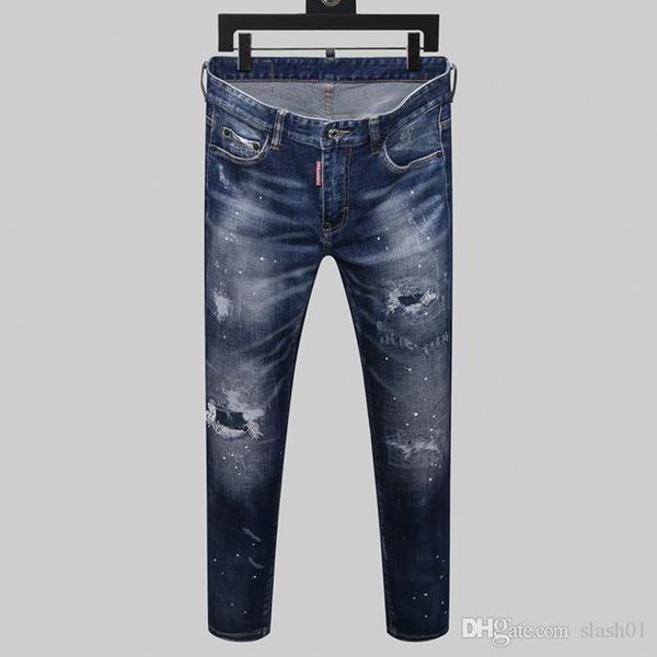 

new designer jeans men's brand men's perforated jeans designer trend men's fashion skinny jeans four season pants h13467, Blue