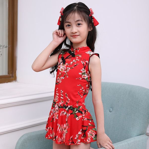 

2019 new children's swim cheongsam swimsuit chinese style cheongsam children's swimwear women's and girls' split swimwea, White;black