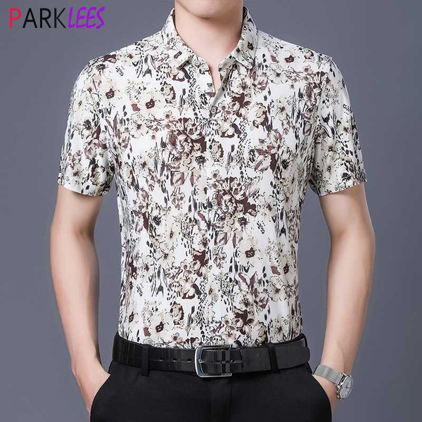 

men's casual shirts stylish floral print mens dress 2021 summer slim fit short sleeve shirt men smooth milk silk like camisas 4xl, White;black