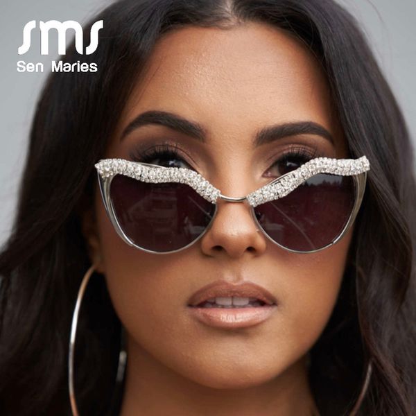 

women vintage cat eye sunglasses fashion crystal brand designer female men black silver rhinestone alloy sunglasses uv400 oculos ch01, Blue
