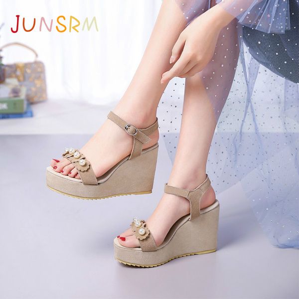 

junsrm 2020 крупногабаритных клинья обувь для женщин сандалии женщин обуви женщины дамы лето вексельной рыбы клиньев и бисквита стенда, Black