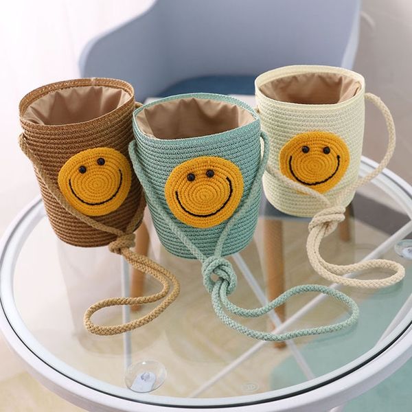 

smiling face children's straw bag 2020 new satchel wallet wallet straw portable coin purse girls' satchel with hat b1001, Yellow