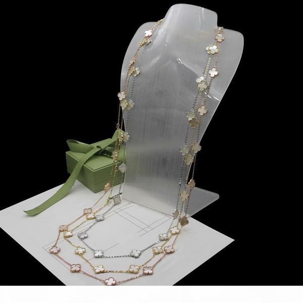 

sweater chain lady women brass vintage 20 motifs onyx mother of pearl malachite carnelian four leaf flower 18k gold long necklace 3 color, Silver
