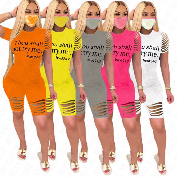 

1set 2020 designer women t shirt +shorts 2 piece tracksuit summer outfit thou shall not try me letter print ripped holes clothing set d7806, White