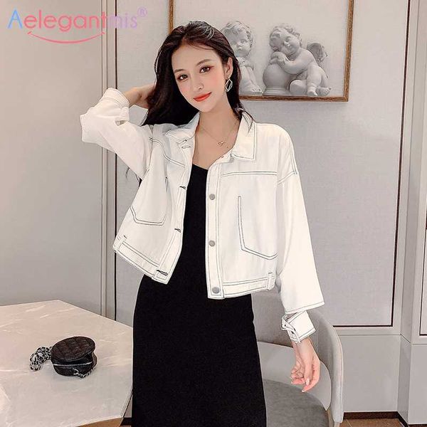 

aelegantmis fashion elegant cropped denim jacket women loose casual short denim jackets female jeans jackets and autumn coats, Black;brown