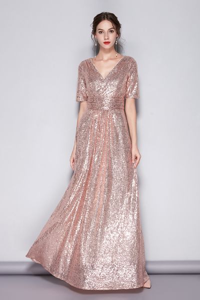 

new short sleeve v-neck sequins show thin wedding bridesmaid dress annual meeting host prom dress girl, Black