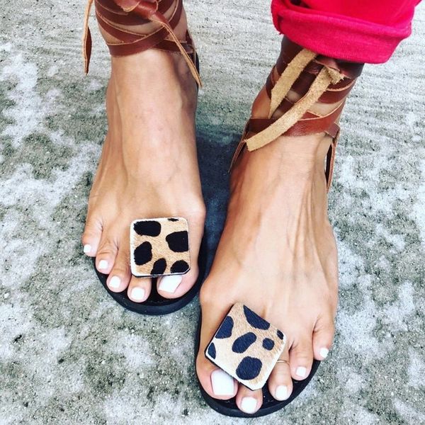 

2020 summer strap sandals women's flats open toe leopard casual shoes rome plus size 35-43, Black