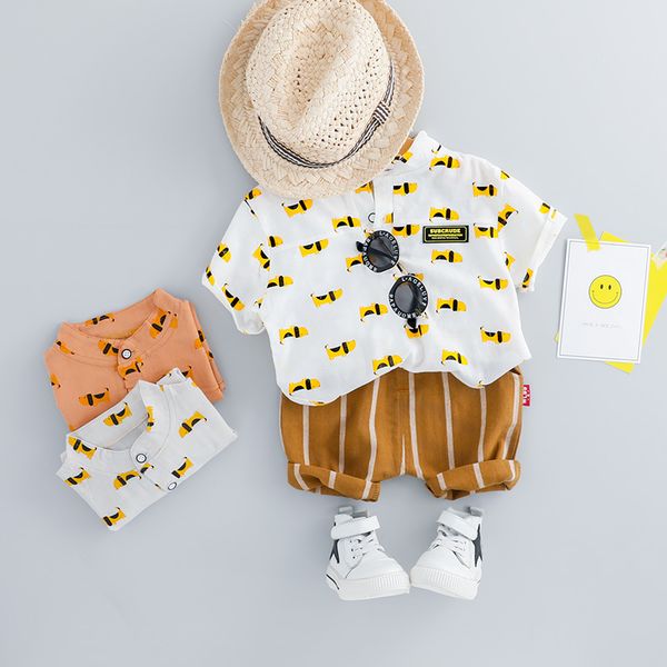 

hylkidhuose 2019 summer infant clothes suits baby girls boys clothing sets cartoon t shirt stripe shorts kids children costume t200713, White