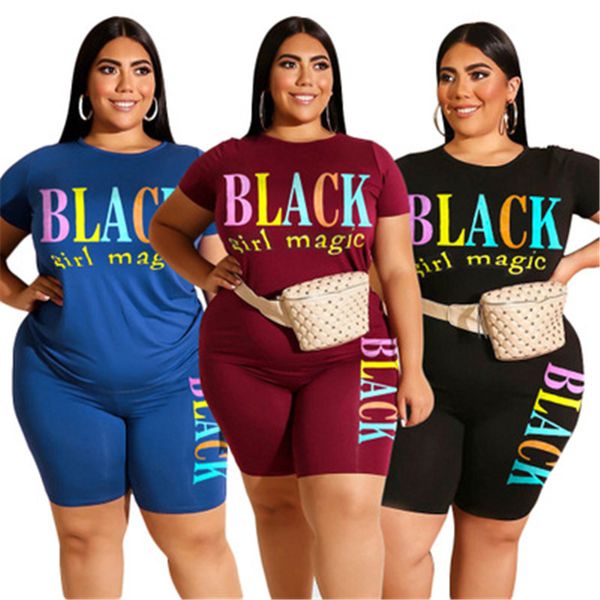 Balck Girl Magic Women Tute Fashion Fat MM Plus Size Manica corta Girocollo Tees Pantaloncini 2 pezzi Set Lettera femminile Abiti casual larghi