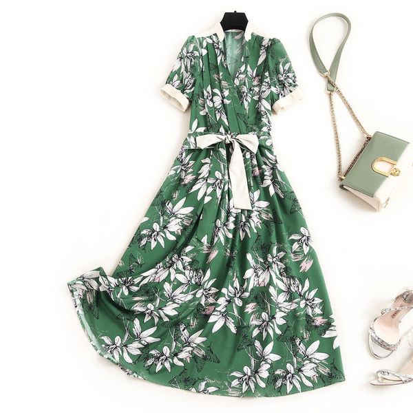 

летнее платье женщин высокого качества мода одежда с коротким рукавом цветочные печати mid теленок алине вскользь шифоновое платье пляж vest, Black;gray