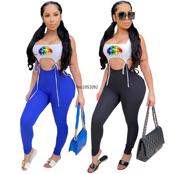 

women sport two piece set lips tank leggings jogger sweatpants suit tracksuit matching set outfits overalls, White