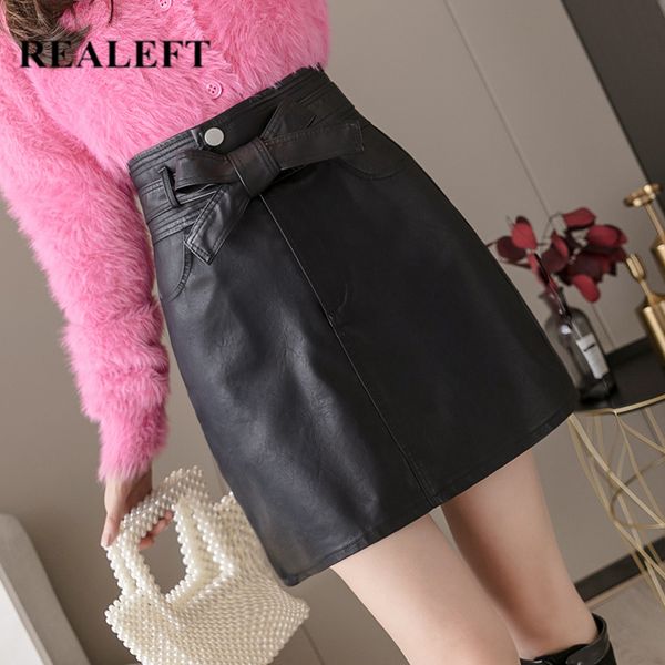 

skirts realeft black pu leather a-line autumn winter 2021 women's skater bow high waist sheath mini female