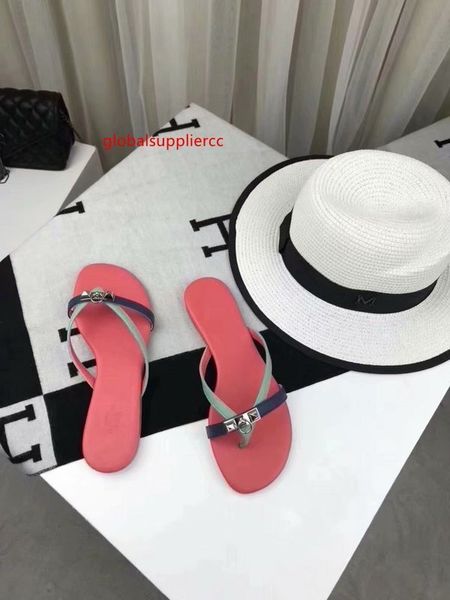 

the latest leather hardware flip-flops pink women slippers drivers sandals slides sneakers leather slipper real leather shoes, Black;green