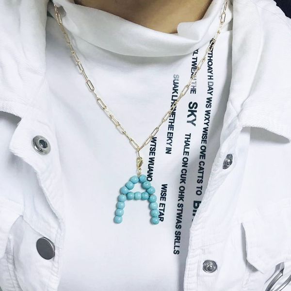 

women necklace a-z 26 english alphabet letter pendant chain statement handmade natural stone dangle accessories birthday present, Silver