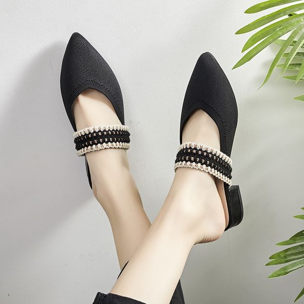 

unusual heels slippers woman pointed toe footwear slides knitted shoes female fashion mules shoes woman summer 2019 new cs03, Black
